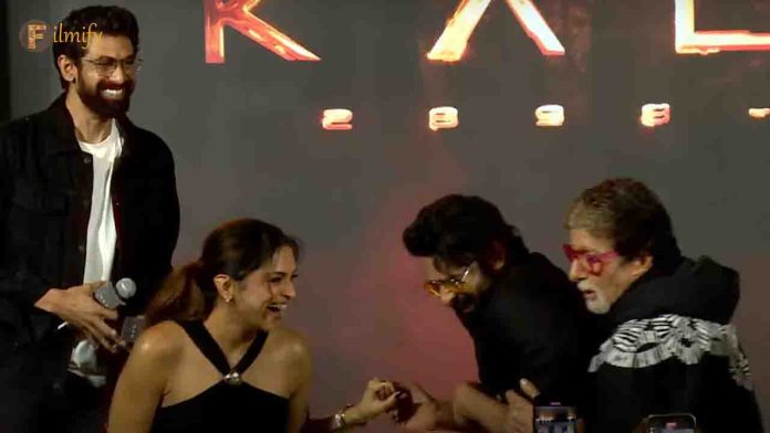 Prabhas holding Deepika Padukone's hand at the pre-release event of Kalki2898AD