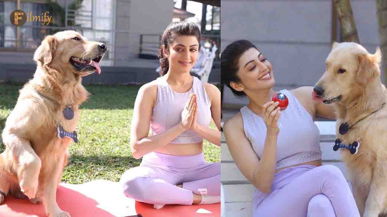 Pranitha Subhash doing yoga with her pet dog